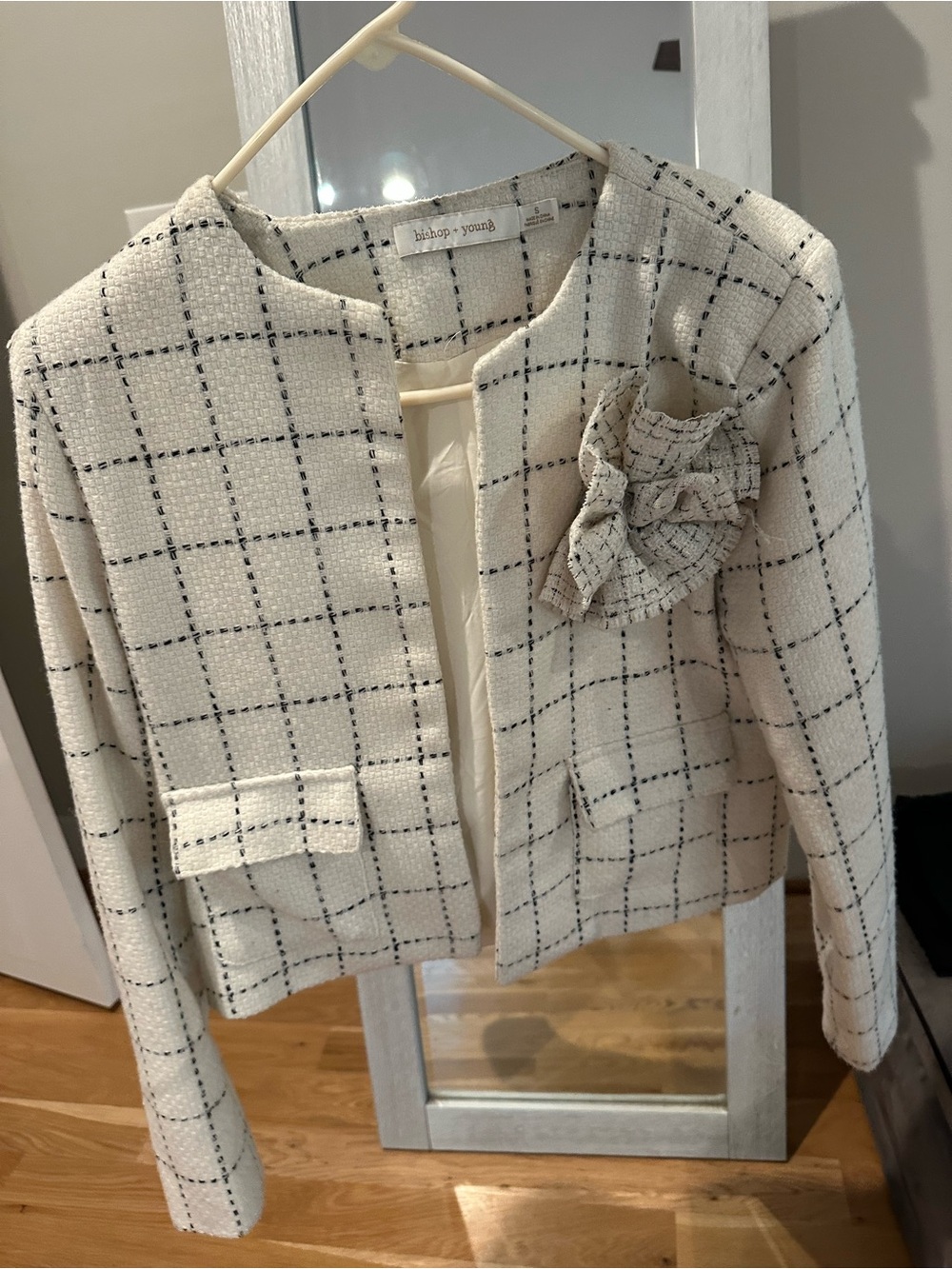 bishop + young Cream Windowpane Tweed Jacket with Floral Accent